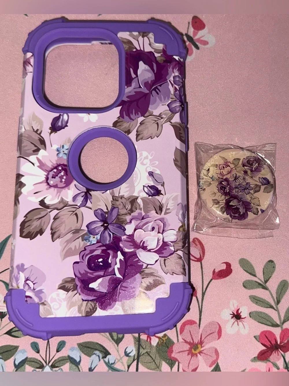 Purple Floral Protective Case with Matching Floral PopSocket- I Phone 15 Pro